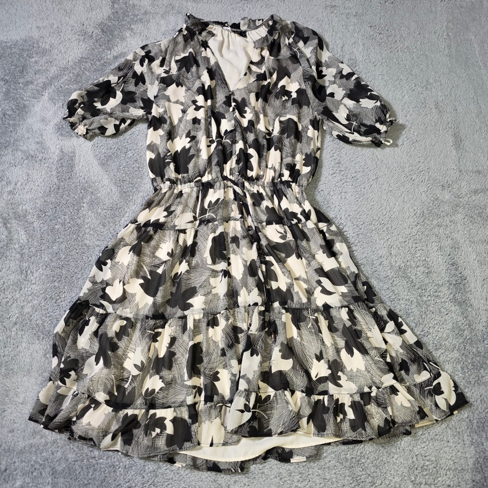 Lauren Ralph Lauren Womens 2 Tiered Chiffon Dress Black White Floral Puff Sleeve